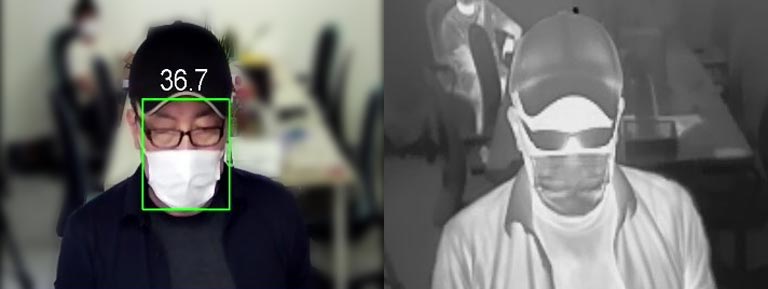 帽子・マスク・メガネをしている男性。正面を向いている。顔認識されている。
