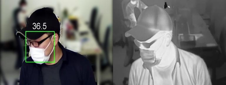 帽子・マスク・メガネをしている男性。顔が右側を向いている。顔認識されている。